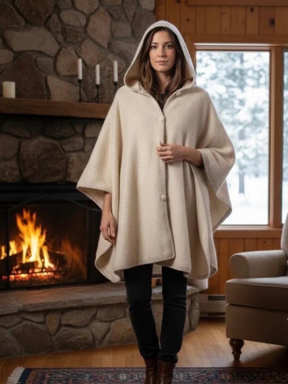 NEW Importations Maria 100% Alpaca Handmade Natural Crochet Trim Poncho One Size